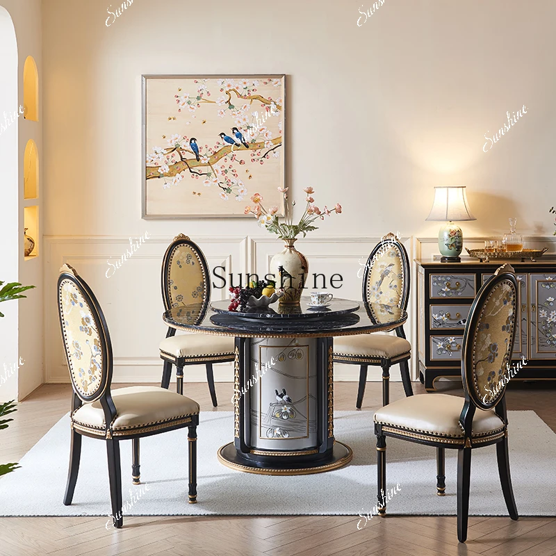 Chinese hand-painted flowers and birds 1.3 meters marble with turntable solid wood round villa luxury dining table and chairs  F
