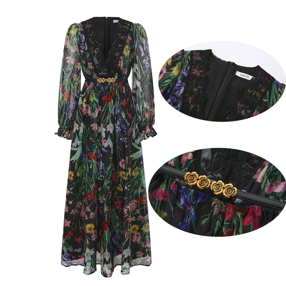 Bohemian Floral Print Maxi Dress Women V-Neck Lace Trim Lantern Sleeve Belted A-Line Long Dress Elegant Casual Party Vestidos