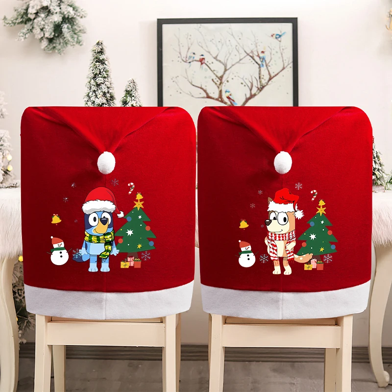 

Bluey Christmas Hat Chair Covers Bingo Chilli Cute Cartoon Home Decoration Living Room Big Xmas Cap Backrest Case Gift Hot Sales