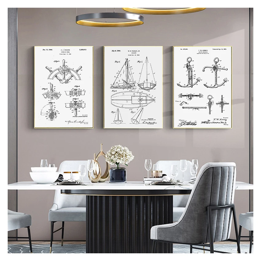 Poster Sailor Gifts , Yacht Anchor Ship  Wheel Sailing Blueprint Nautical Wall Art Canvas Painting Sailboat Patent Print Vintage