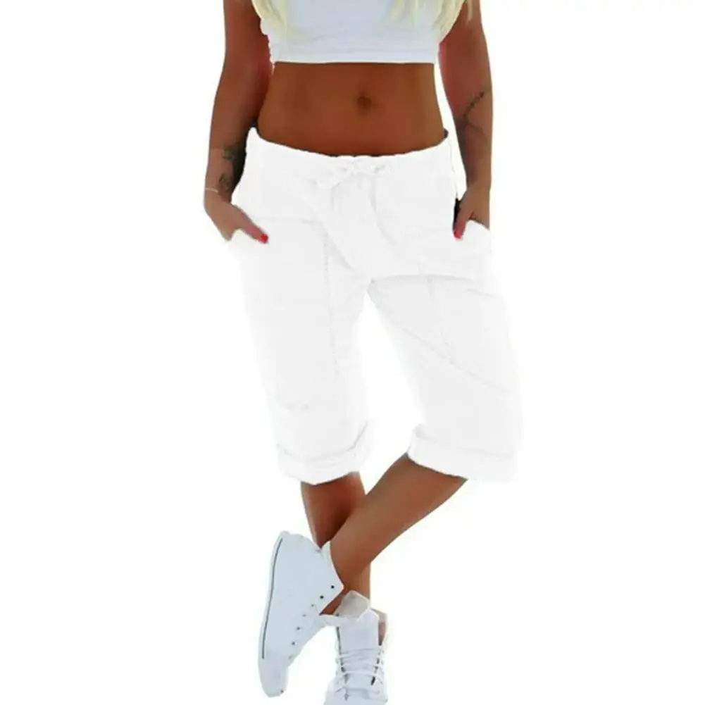 Women Pants Summer Ladies 3/4 Trousers Casual Solid Color Low Rise Drawstring Pockets Sports Pants Shorts For Female