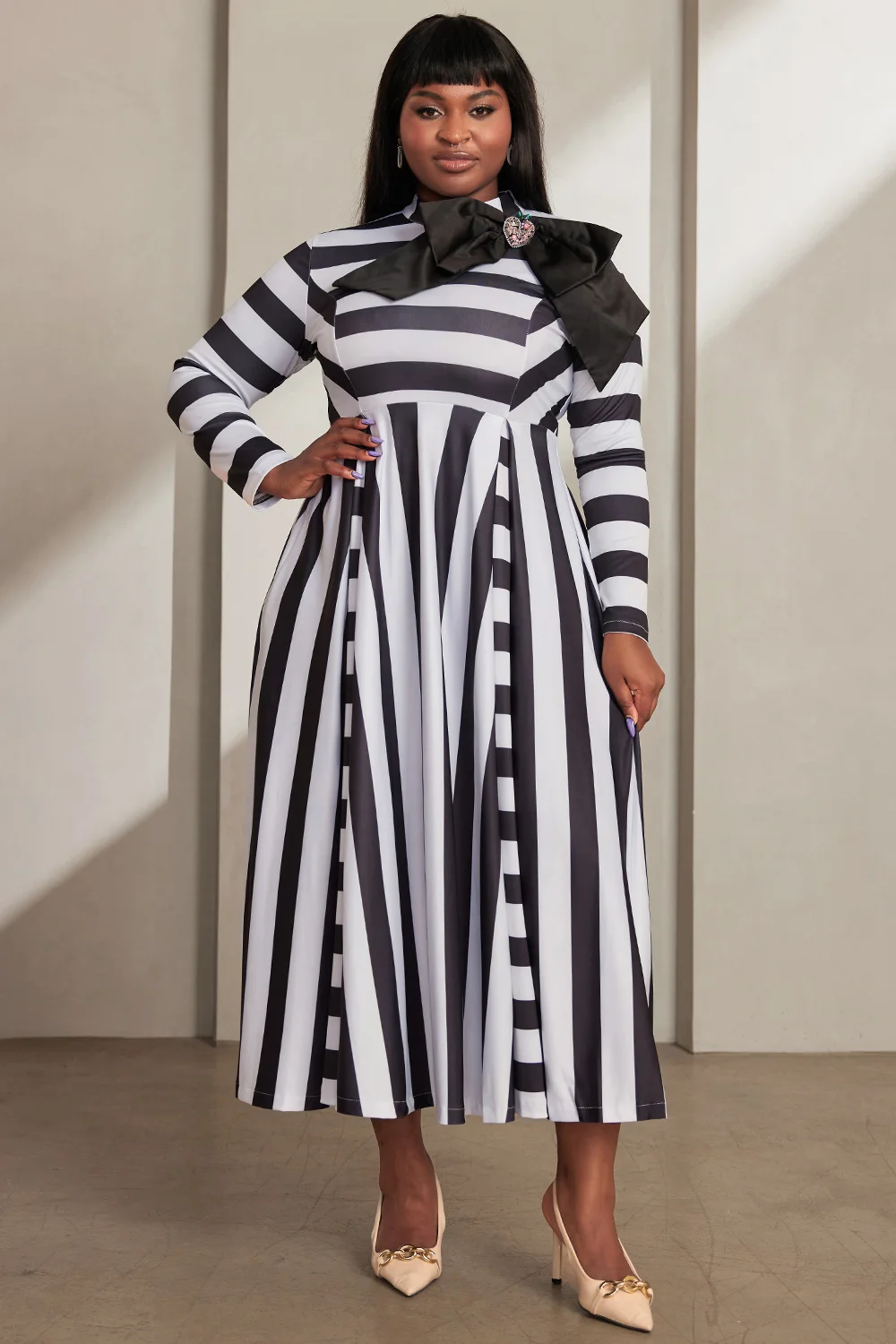 Women\'s Plus Size Semi Formal Maxi Dresses Elegant Black White Striped Fall Winter Mock Neck Long Sleeve Bow Tie Maxi Dresses