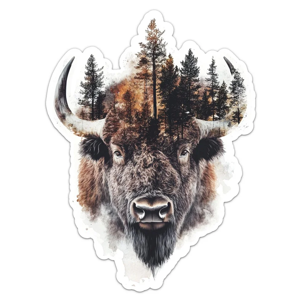 Double Exposure Bison Wild Animal Vinyl Car Sticker Self Adhesive Decal for Car Window and Laptop Creative Car Decor