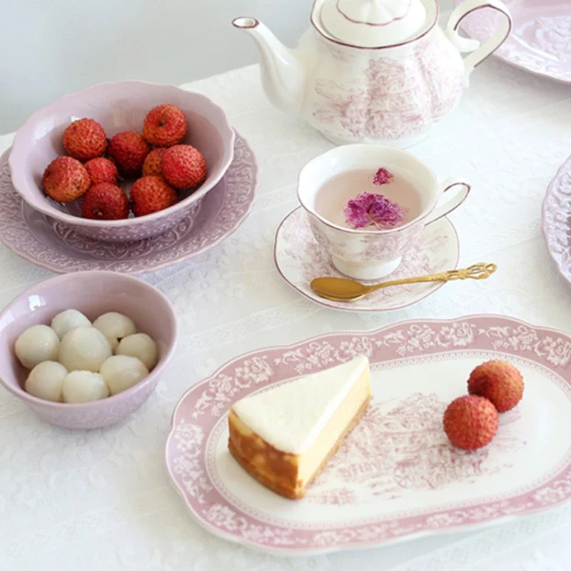 French Court Classical Retro Garden Pink Dinnerware Kitchen Tableware Porcelain Dinner Plates Soup Bowl Bowls Coffee Cup Tea Set