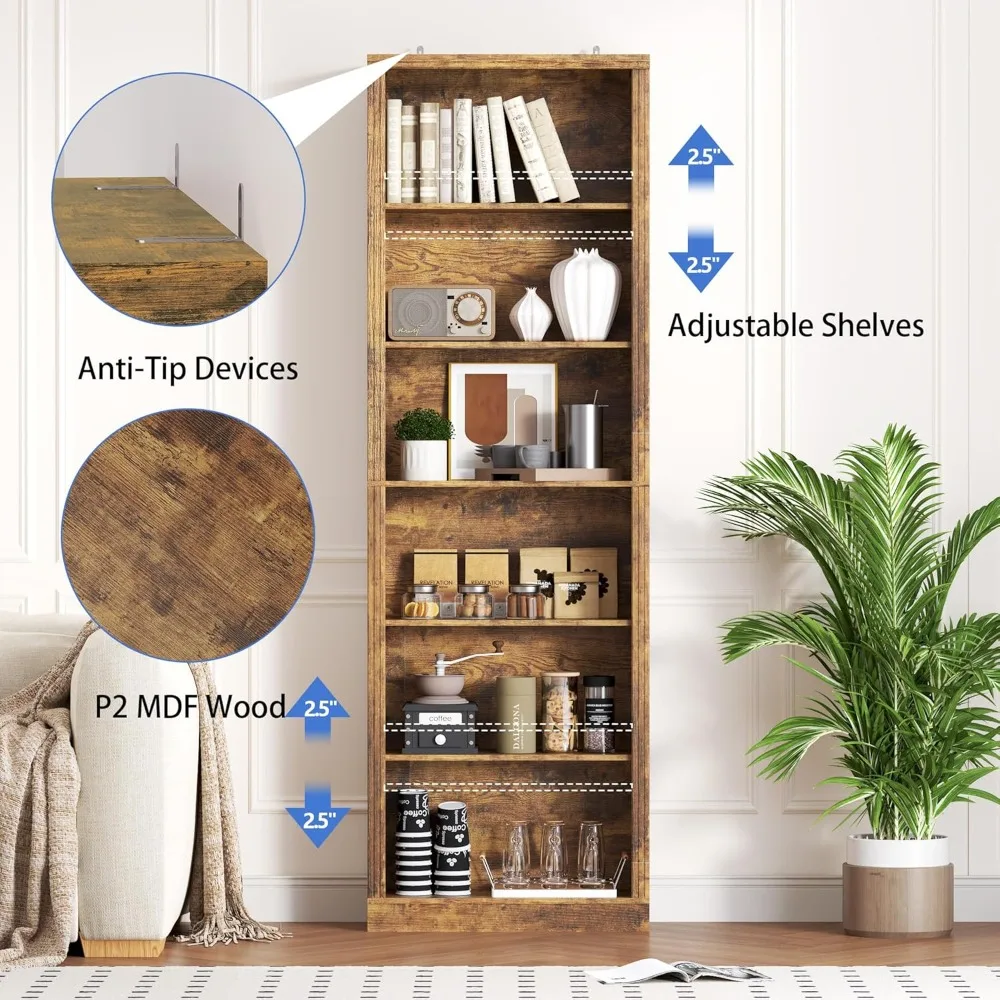 رف كتب بطول 75 بوصة، خزانة كتب قائمة على الأرض مكونة من 6 طبقات مع أرفف قابلة للتعديل، رف تخزين مفتوح بعرض 24 بوصة، تنظيم العرض الحديث #5