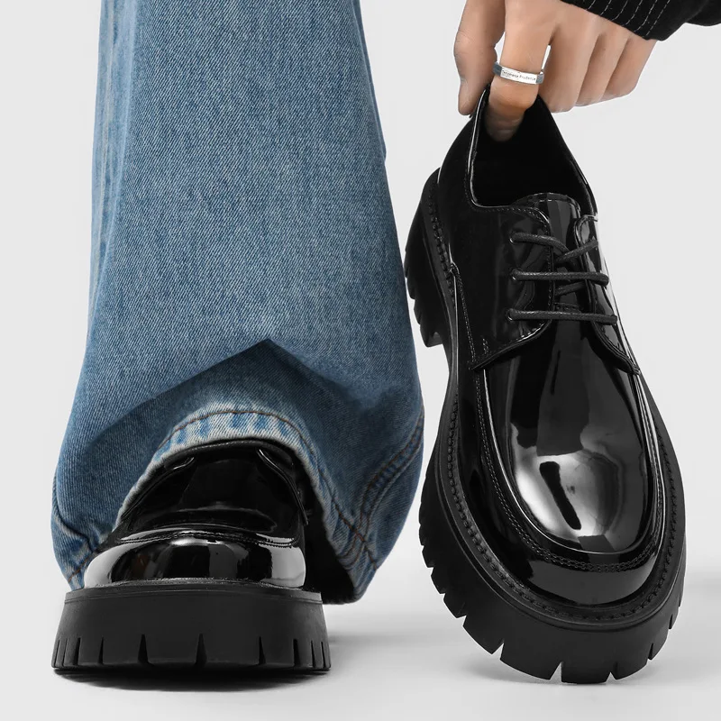 

men's casual business wedding formal dress shoes lace-up patent leather derby shoe black stylish platform sneakers mans footwear