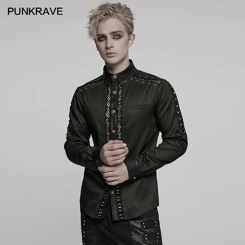 PUNK RAVE Men's Punk Personalized Twill Mesh Rubberized Leather Shirt Symmetrical Shoulder Segmentation Eyelets Handsome Tops
