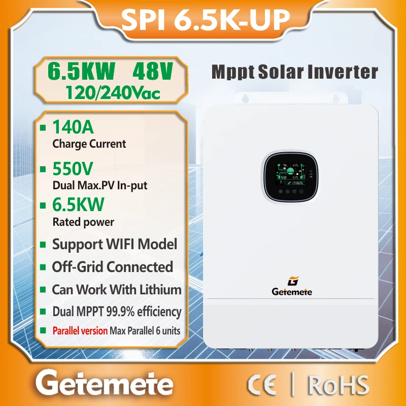 Getemete 6500W 48V 120/240Vac Max PV Voltage 550V Single-Phase/Split-Phase Off-Grid Dual MPPT Solar Inverter IP20 Protection