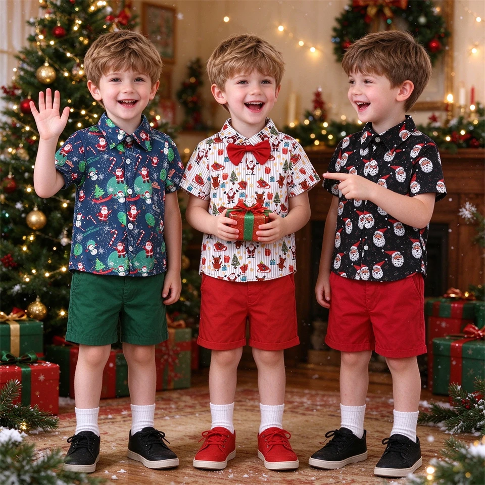 2-PieceToddler Little Boys Christmas Outfit Short Sleeve Santa Claus Button Down Collared Shirt with Shorts Xmas Kids Clothes