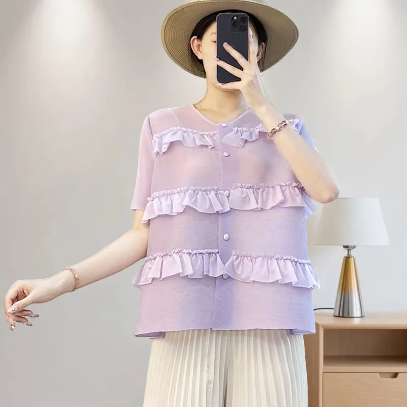 

Miyake фиолетовая блузка женская с короткими рукавами, летняя свободная плиссированная футболка с бантом, простая элегантная повседневная одежда, новинка 2023 г.