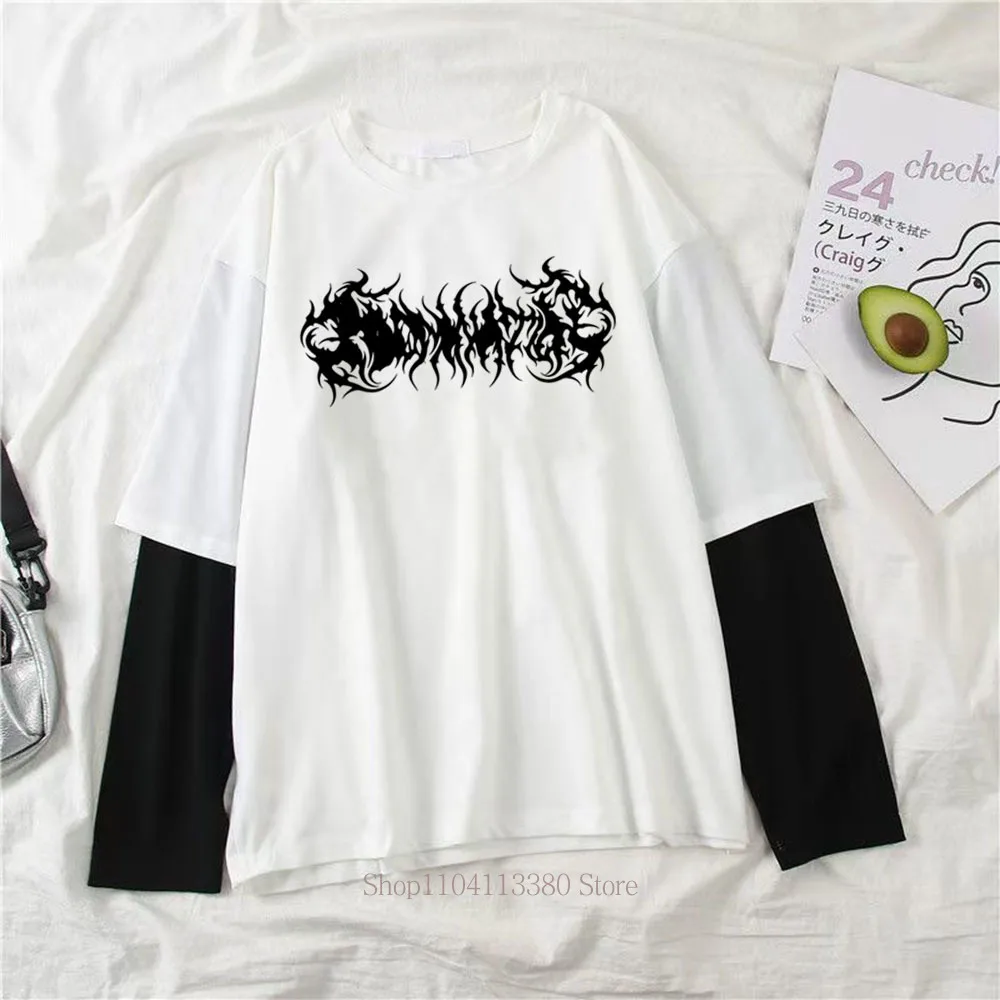 Damen Gothic Grafik Y2K Print Fake Two-Layer Langarm-T-Shirt – Modisches Streetwear Retro Lässiges Lockeres Fake-Two-Layer Langarm-T-Shirt – Detail 5