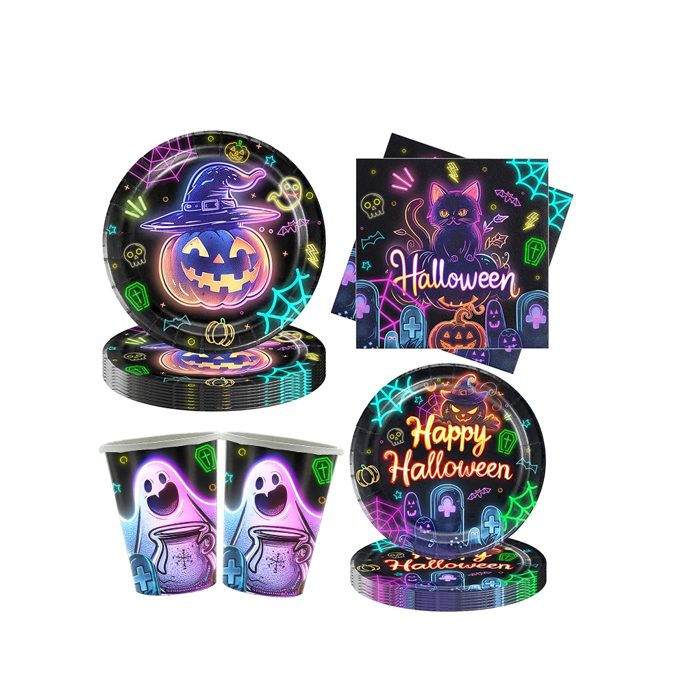 Halloween-Party Pappteller Servietten Becher Halloween-Tischdecken Halloween-Einweggeschirr-Set Halloween-Dekorationszubehör – Detail 2