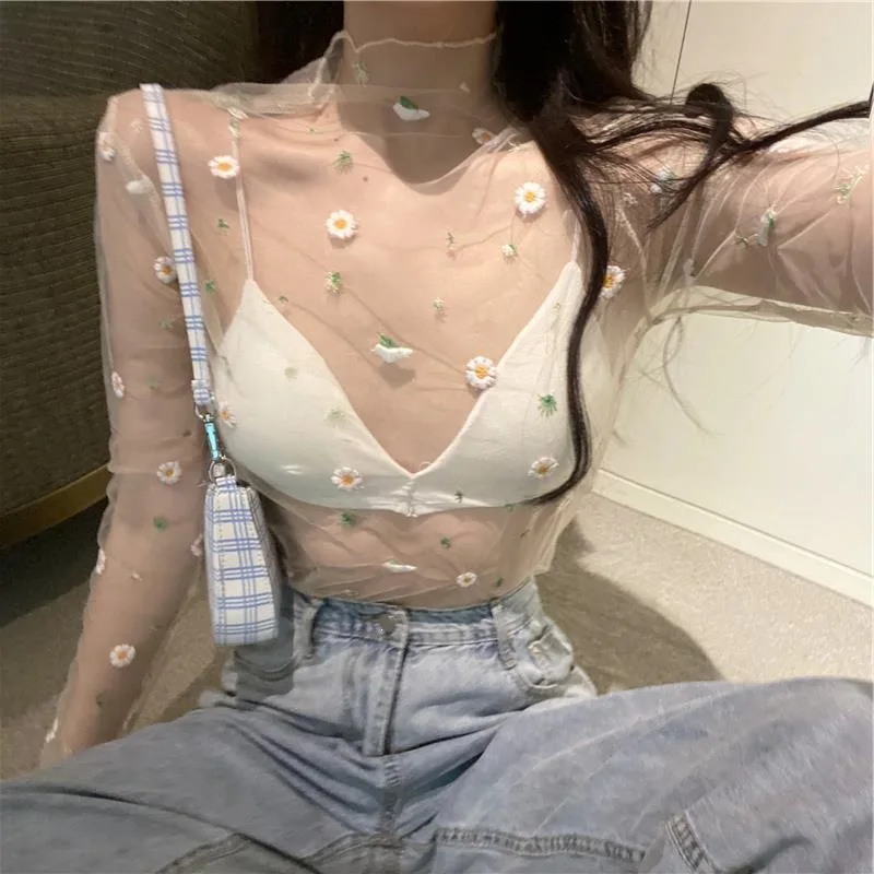 Women Sexy Mesh See Through T Shirt Perspective Flower Pattern Crop Top Long Sleeve Beach Cover Transparent T Shirt Tops Women