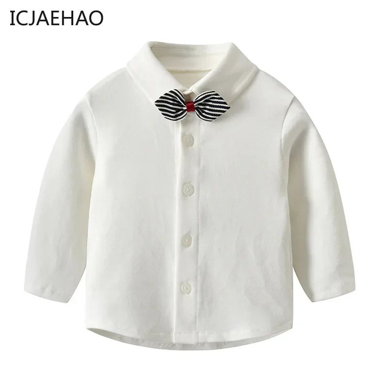 

2025 Children's Shirt Spring and Autumn Boys' Bow tie White Shirt Cotton Long Sleeve Soft Baby Lapel Base Shirt Top