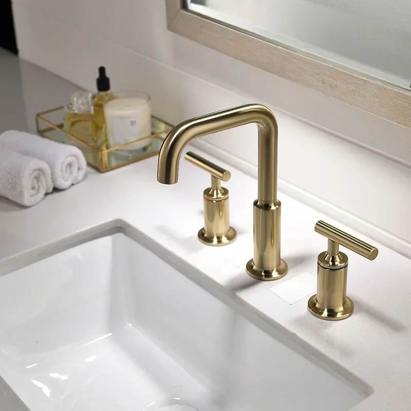 

Widespread Basin Faucet 3 Holes Dual Handles Bathroom Basin Mixer Tap Brushed Sink Tap Rose Gold Bathroom Water