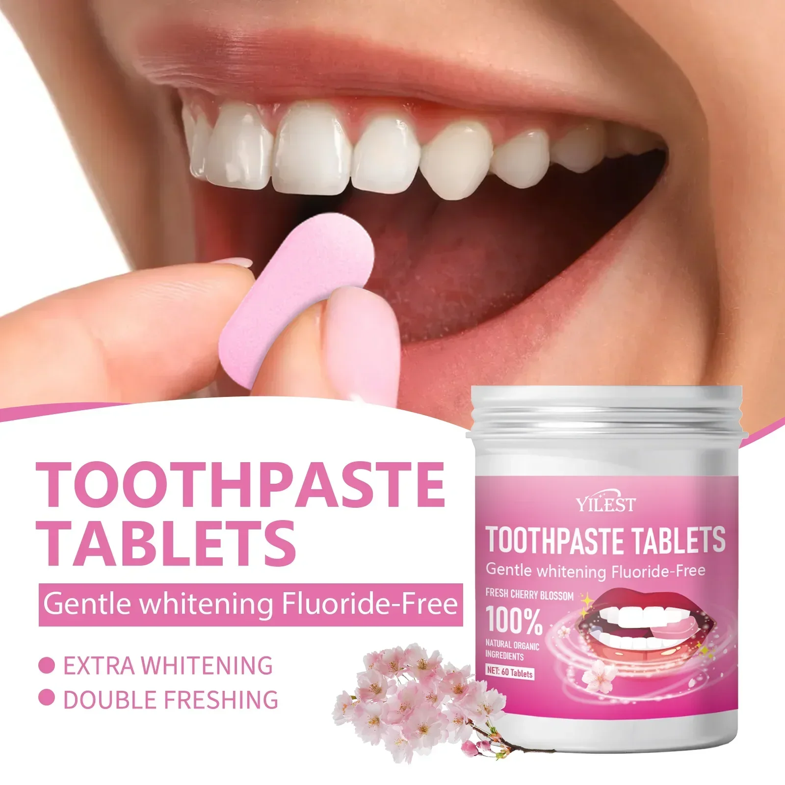 

Breath Freshening Toothpaste Tablets - 60-count with Mint/Orange/Cherry. Removes smoke stains & fights bad breath. Solid formula