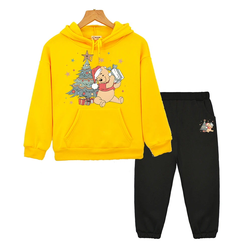 

Disney pullover+Pant Pooh Bear print hoodie Fleece Sweatshirt Autumn boy girl Hooded Spors Sets Christmas kids boutique clothes