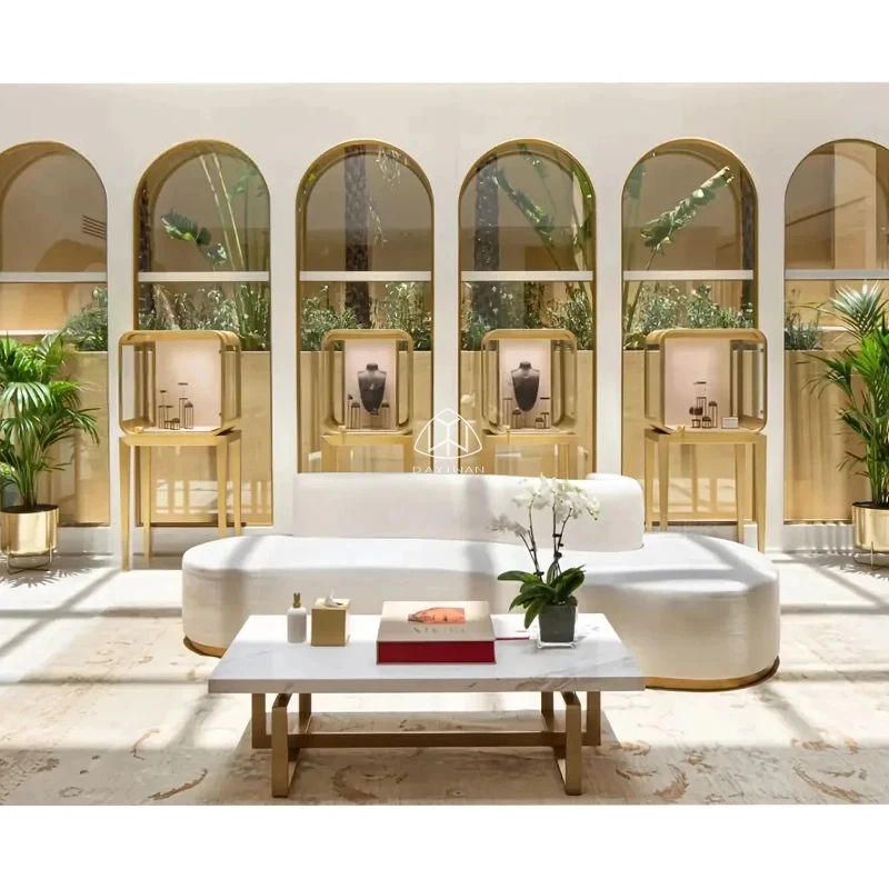 

custom.High-end Modern Glass Ceiling Designs Jewellery Shop Transparent Display Cabinet VIP Area Display
