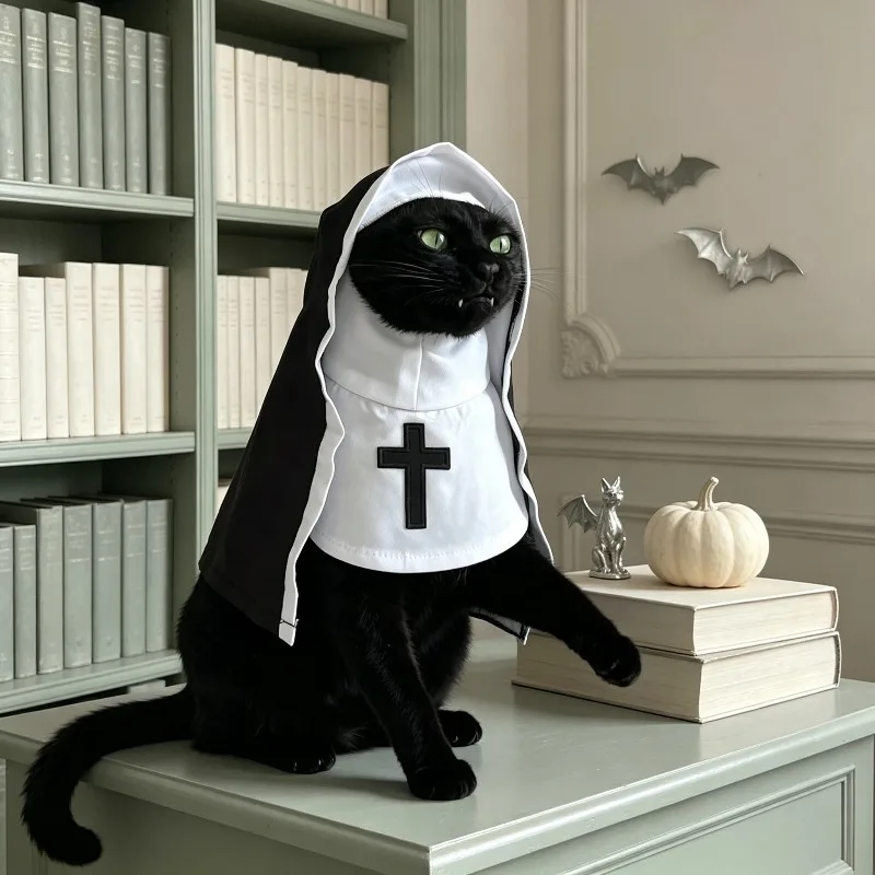 Lustiges Nonnenkostüm für Katzen und Hunde, Schwarz-Weißer Kreuzrock, Halloween-Party, Fotoshooting, Rollenspiel-Kostüm – Detail 1