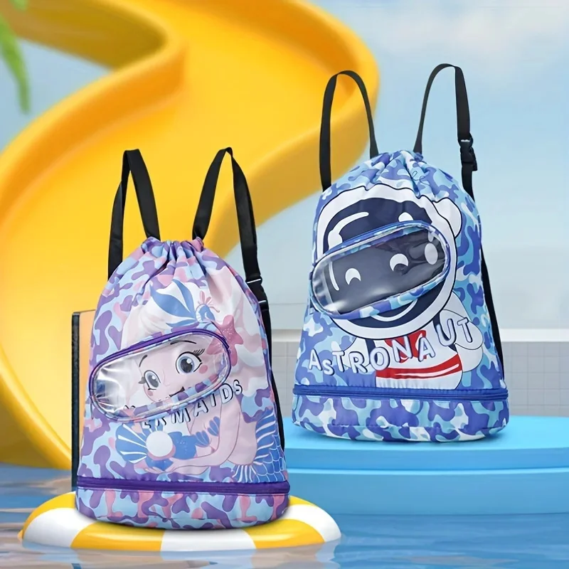 Children's Cartoon Swim Bag Waterproof Storage Bag Beach Bag Drawstring Beam Mouth Backpack Dry and Wet Separation Washing Bag