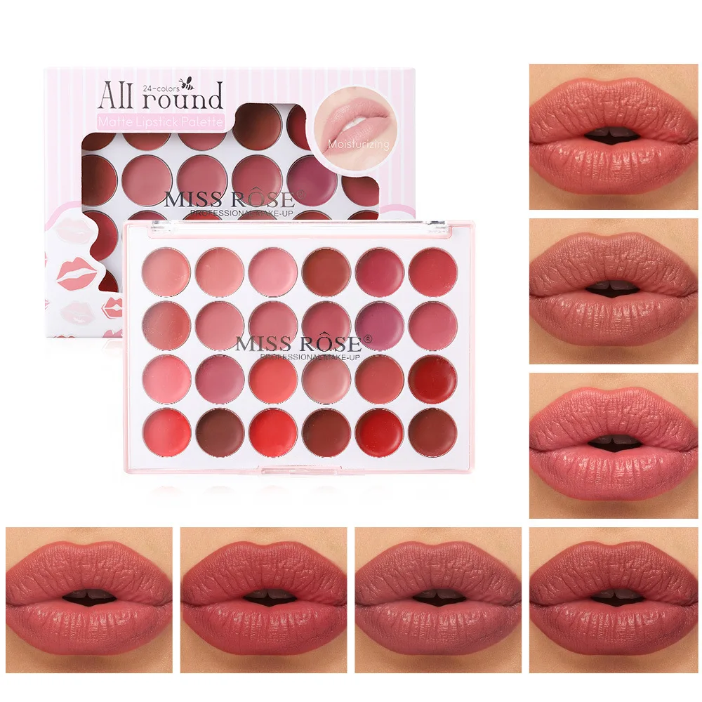 MISS ROSE 24Color Lipstick Palette Matte Lip Gloss Easy Pigmented Long‑lasting Multi‑shade Professional Lip Makeup Cosmetic Tray