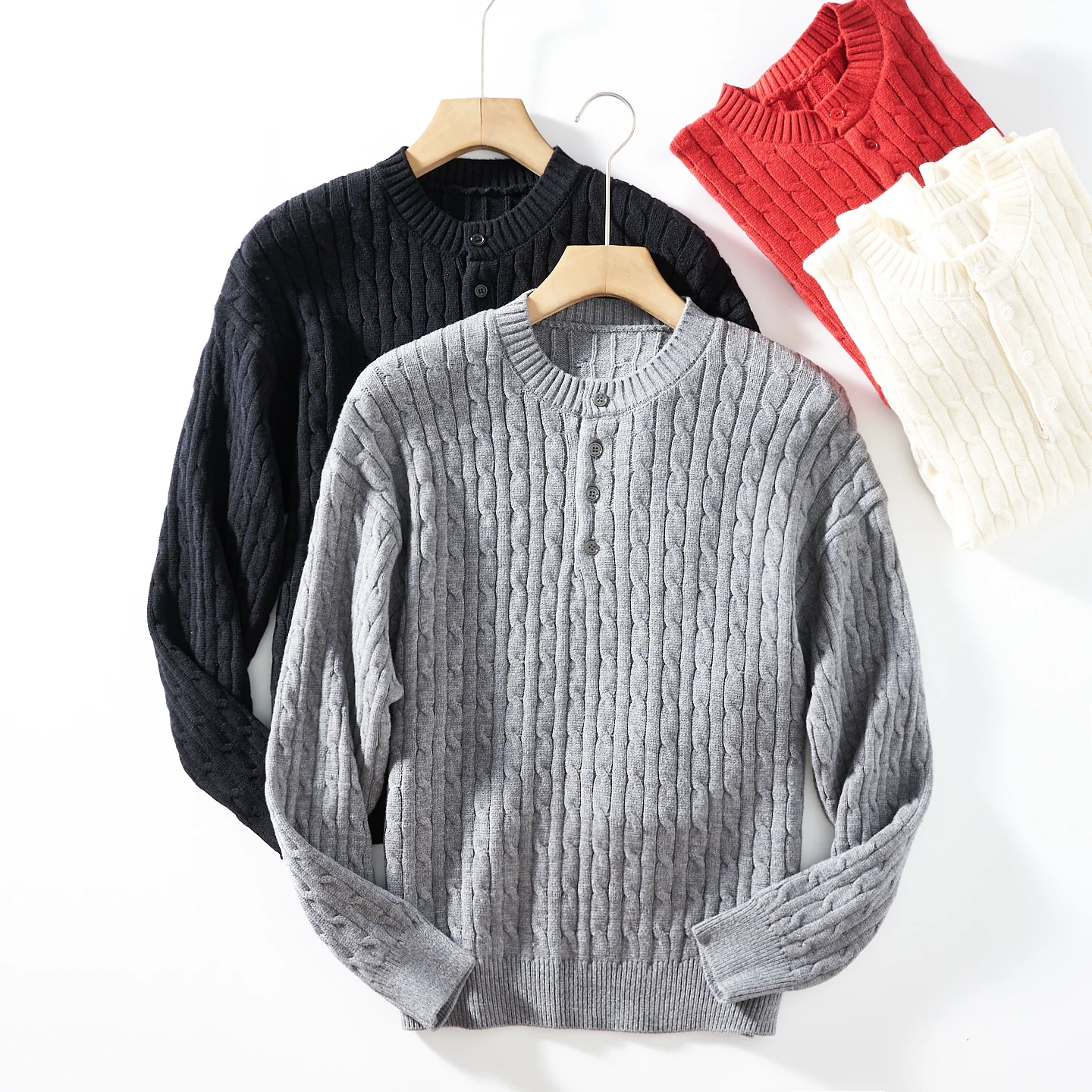 

Осенний новый американский ретро-воротник Генри с длинным рукавом, трехмерный тканый однотонный свитер, мужская мода, повседневный трикотаж