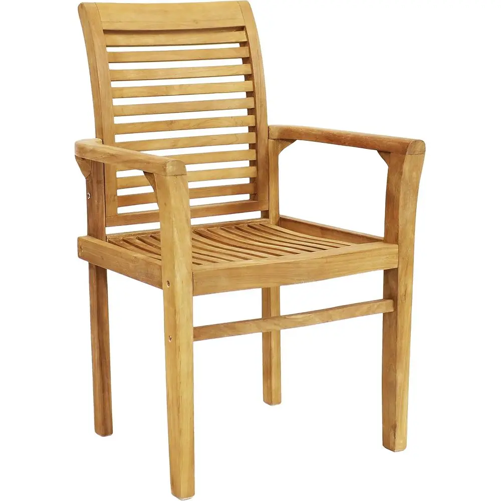 Durable Teak Outdoor Dining Chair - Slatted Wood Patio Furniture with Arms, Suitable for Decks and Backyards, Light Brown Staine