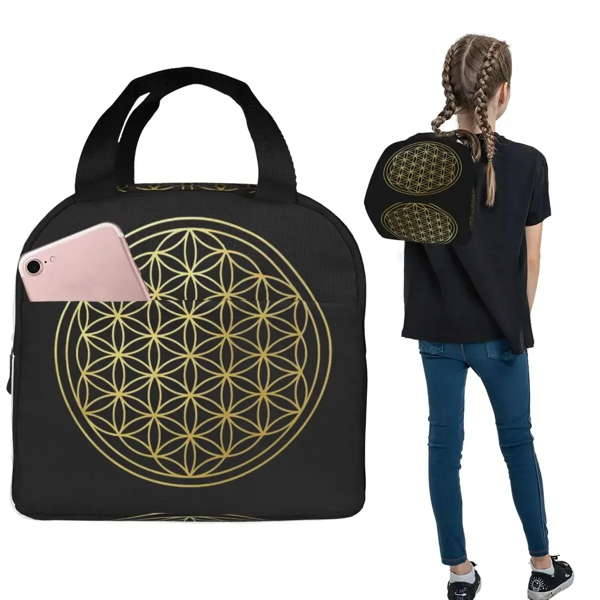 The Flower Of Life Gold Mandala Insulated Lunch Bag for Women Kids Leakproof Food Boxes Thermal Lunch Box Tote