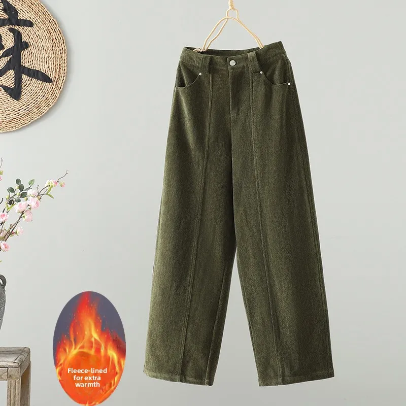 

Осенне-зимние женские модные прямые брюки с широкими штанинами, утепленные, повседневные, с эластичным поясом, с высокой талией