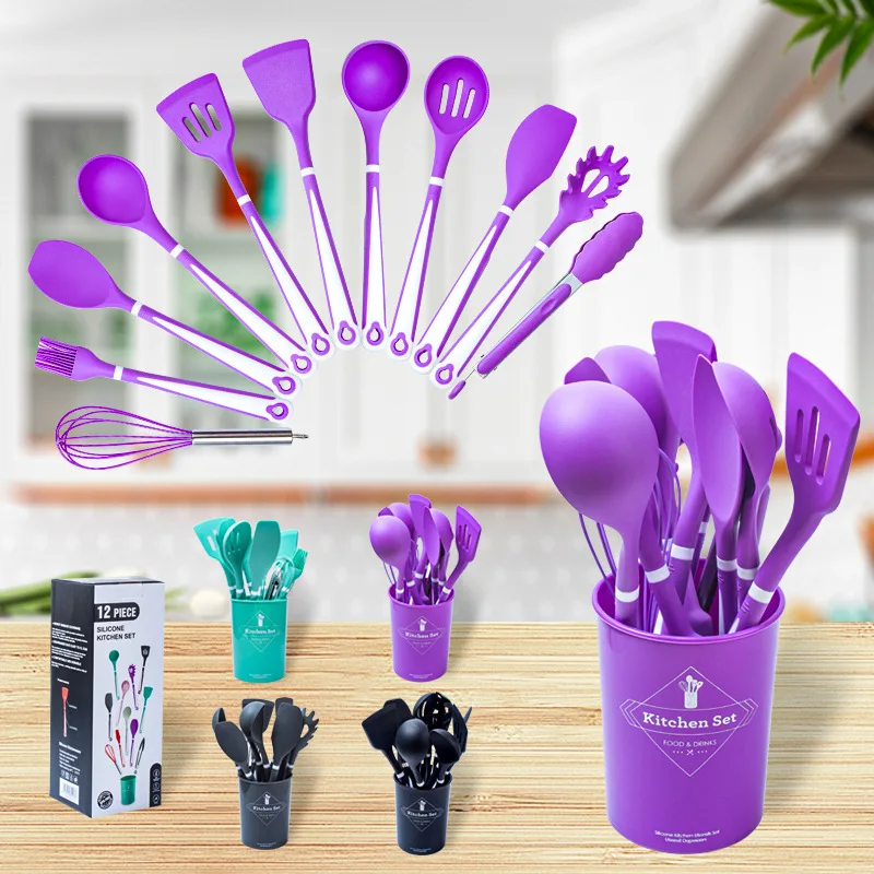 New Silicone Kitchen Utensils Sets Gradient Non-Stick Cooking Shovel Spoon Cooking Tools With Storage Box