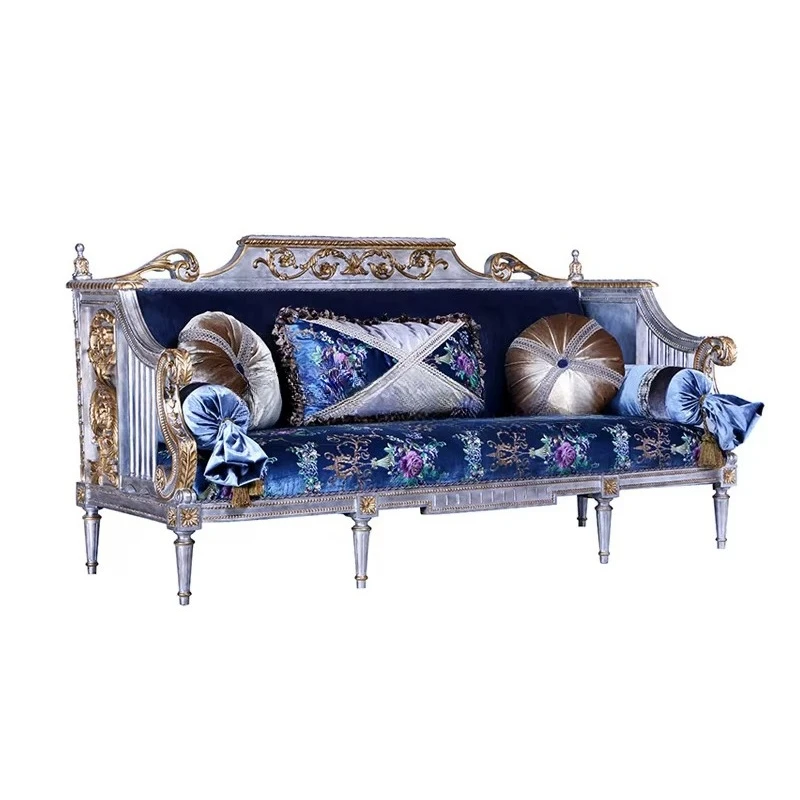Buckingham Palace / French Hand Carved Royal Blue Embroidered Flowers Pure Solid Wood Three Seat Sofa Combination Set