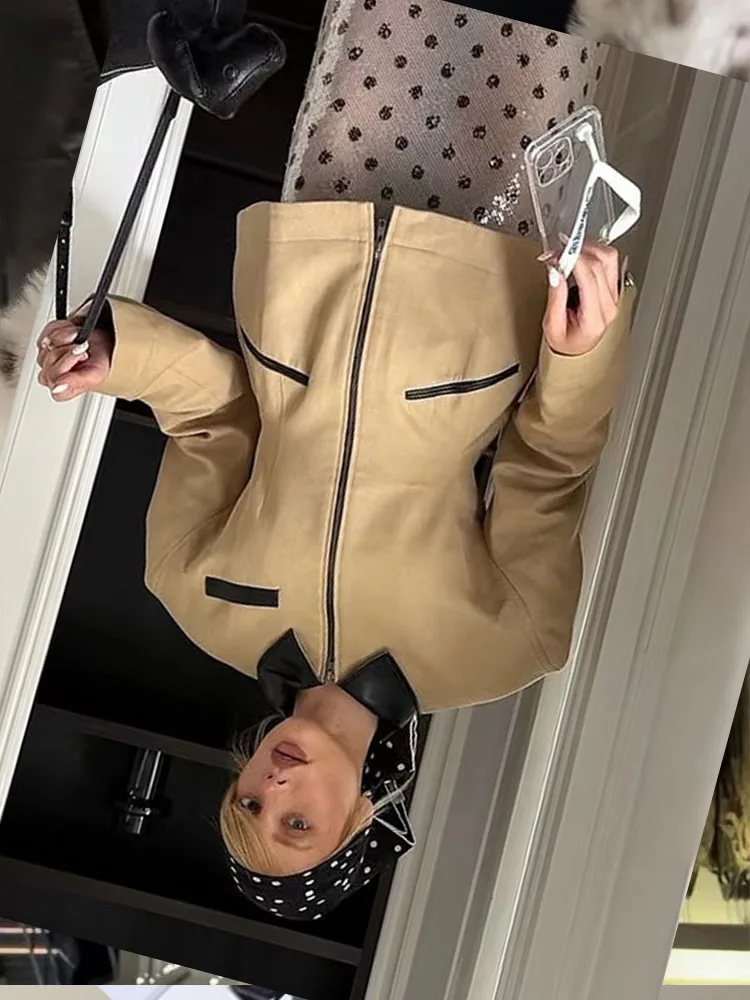 

HH женское короткое пальто с длинными рукавами на молнии из искусственной кожи в стиле пэчворк с эффектом кармана и украшением с лацканами, женская осенняя повседневная куртка