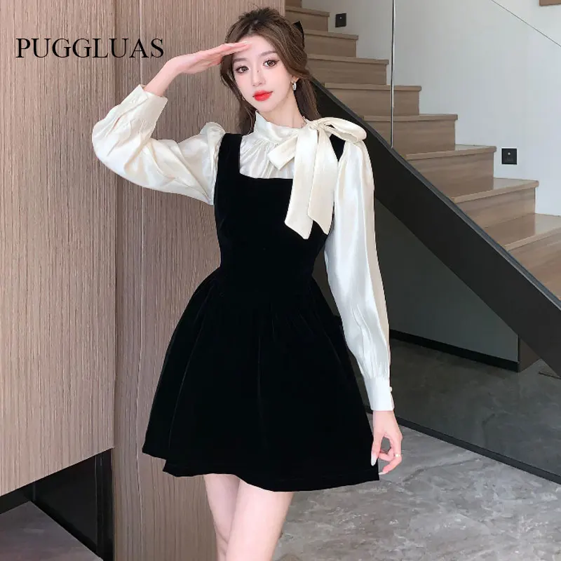 Vintage Women Black Matching Set French Chic Bowtie Blouse+ Strap A Line Velvet Dress Fashion 2PCS Set Korea Office Lady Outfits