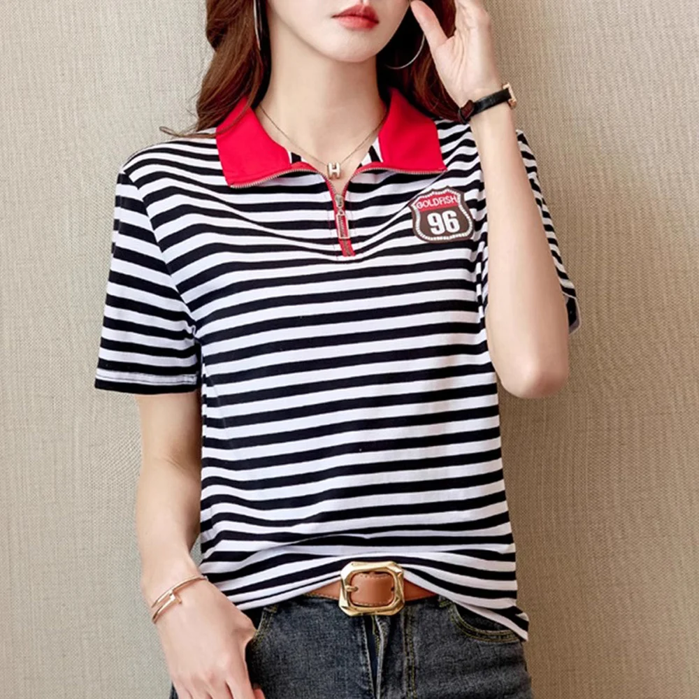 

Korean striped pure cotton short sleeved t-shirt women's summer new high-end fashion slim fit splicing casual plus zipper top