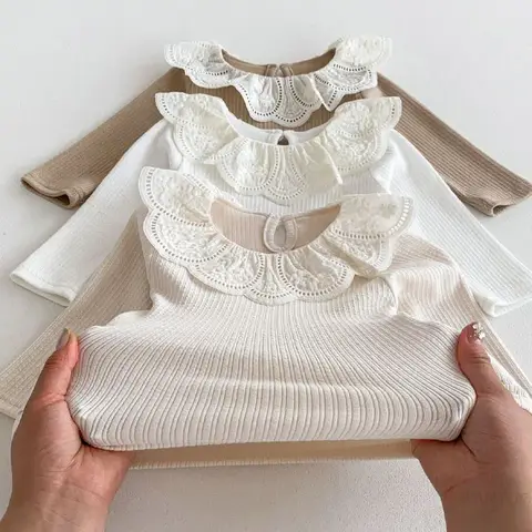 शिशु कपड़े शरद ऋतु शिशु लड़कियों लंबी आस्तीन टी शर्ट फीता कमल कॉलर राजकुमारी बच्चों रिब्ड नीचे शर्ट बच्चा कपास टॉप 10 best sales बच्ची का टॉप - №8