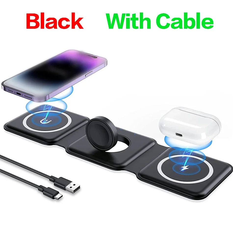 15W 3 in 1 foldable Wireless Charger Pad Stand for iPhone 15 14 13 12Pro Max Airpods iWatch Fast Wireless Charging Dock Station