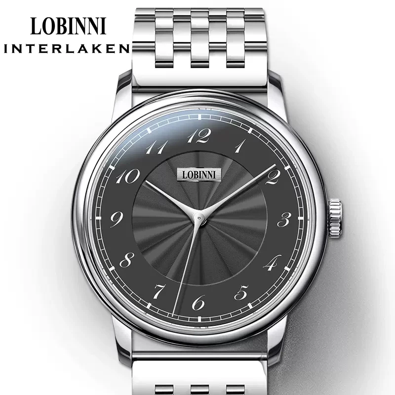 LOBINNI 새로운 미니멀리스트 비즈니스 남자 시계 Fishbone Needle Pointer 시계 사파이어 크리스탈 Waterpoor 자동 기계식 시계