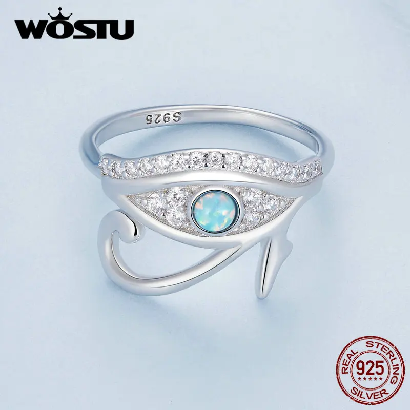 WOSTU 925 Perak Murni Mesir Mata Horus Band Cincin Wanita Api Batu Opal Putih Zircon Penjaga Cincin Pesta Ulang Tahun Perhiasan