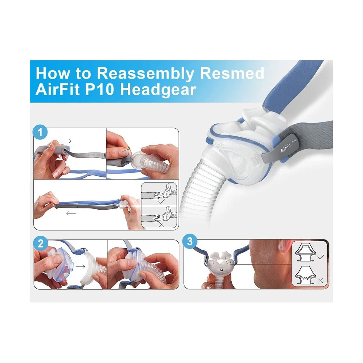 1PCS Replacement Headgear for ResMed Airfit P10 Nasal Pillow CPAP Mask Straps with 2 Adjustment Clips