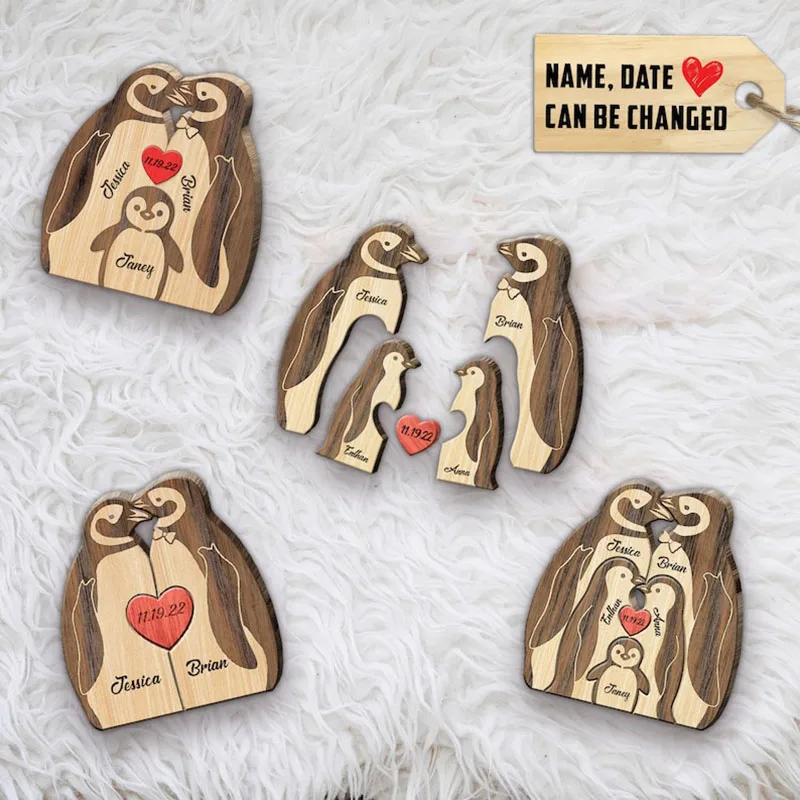 Penguin Family Puzzle Christmas Gifts Personalized Wooden Custom Engraving Names Sculpture Home Holiday Decor for Mom and Dad