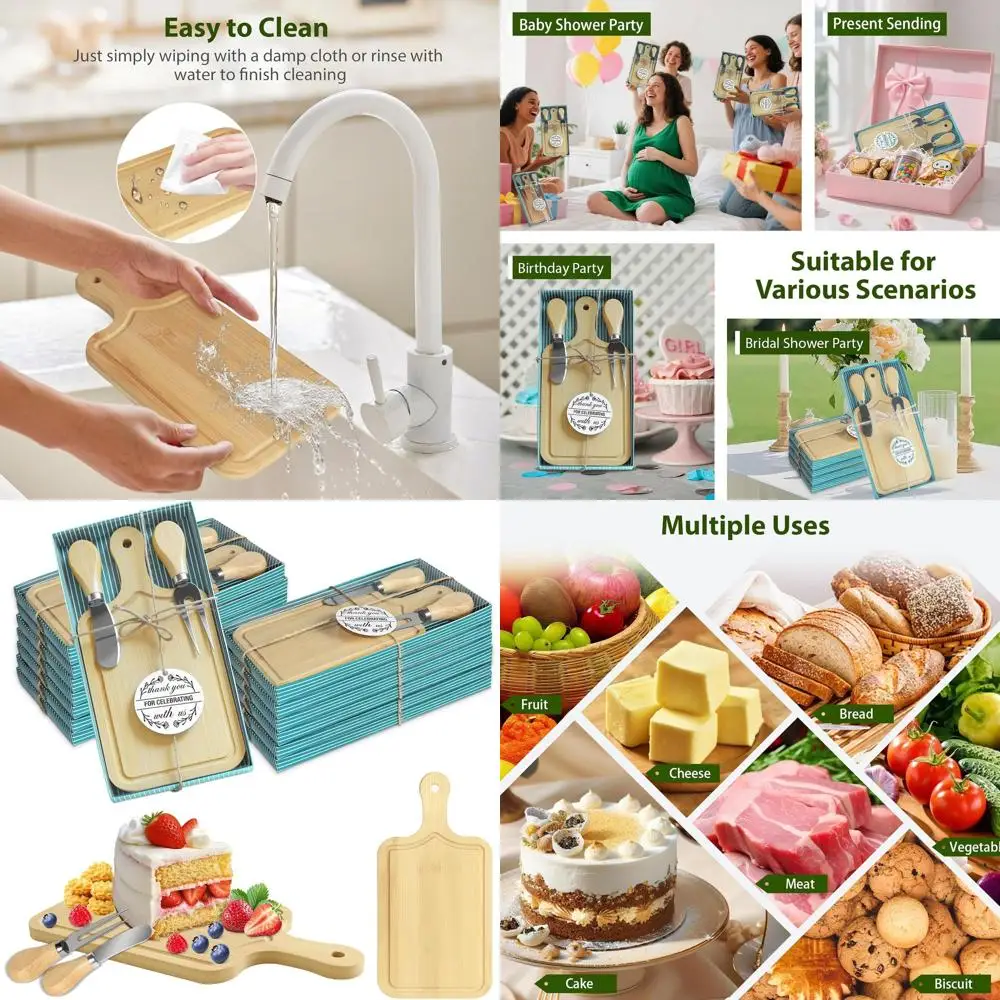 Set da 12 pezzi di formaggio e salumi in bambù per regali di gioco per baby shower, compresi coltello, forchetta e scatola di presentazione