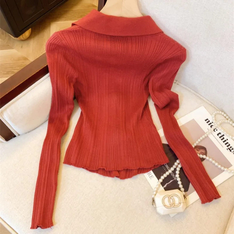 Pullovers Women Autumn Elegant Female Temperament Knitted Tender Sweater Slimming Turn-down Collar Solid Simple All-match Cozy