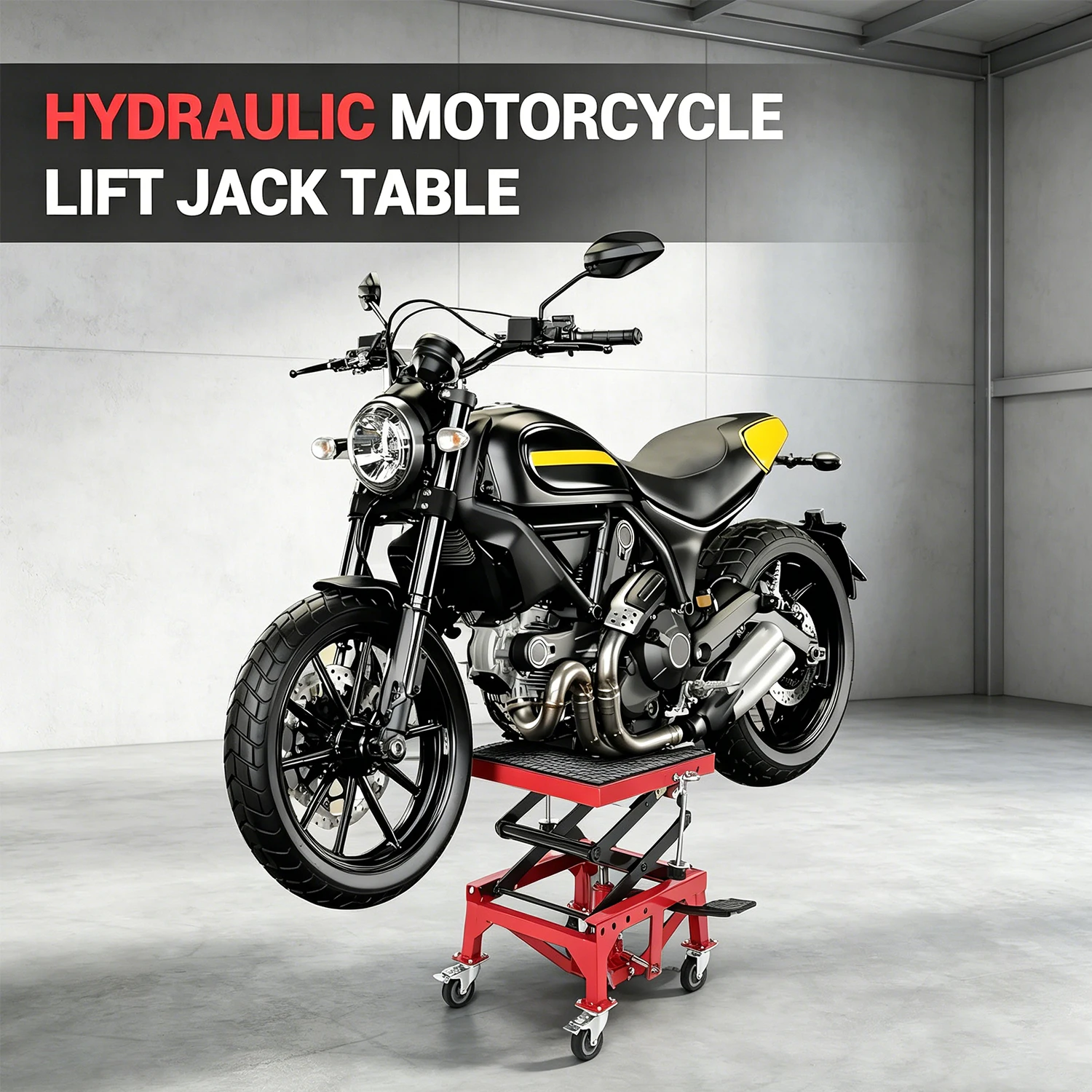 350LBS Hydraulischer Motorrad-Scherenhubtisch mit 360°-Drehung °   Feststellbare Lenkrollen, 74% vergrößerte Plattformfläche (410x340mm), 3-Loch-Höhenverstellung (350-870mm), rutschfeste Gummiauflage,