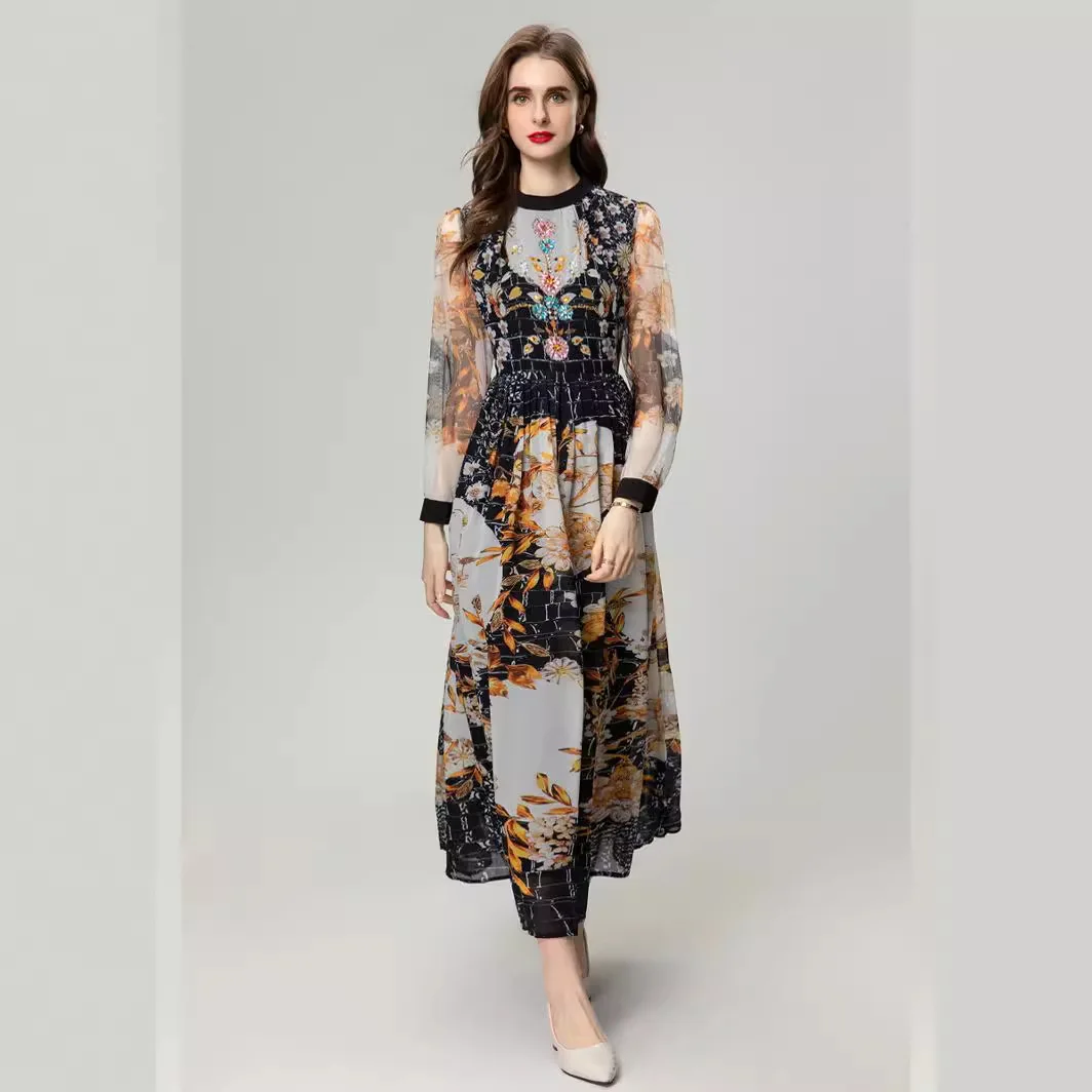 

Doris Fanny Long Sleeve Round Collar Spring Summer Print Vintage Beading Crystal Women's Swing Dress For Party