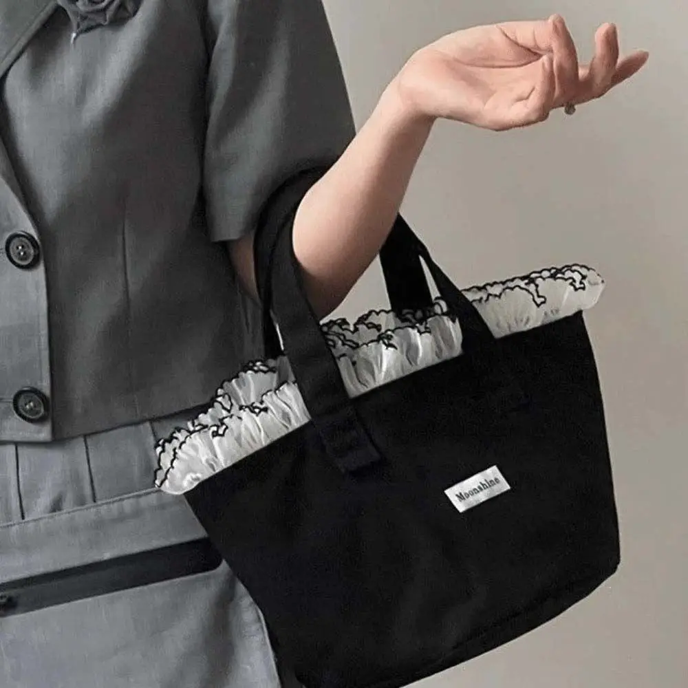 New Style Large Capacity Canvas Tote Bag Portable Lightweight Lace Trim Handbag Ruffle Edge Shopping Bag Storage Bag