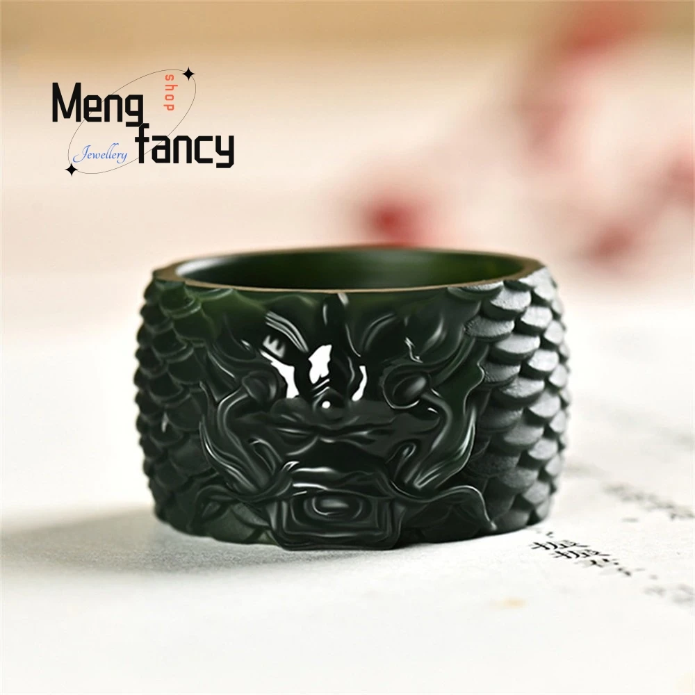 Natural Hetian Green Jade Carved Animal Dragon Lion Snake Totem Sculpture Thumb Ring Totem Retro Exquisite Couple Luxury Jewelry