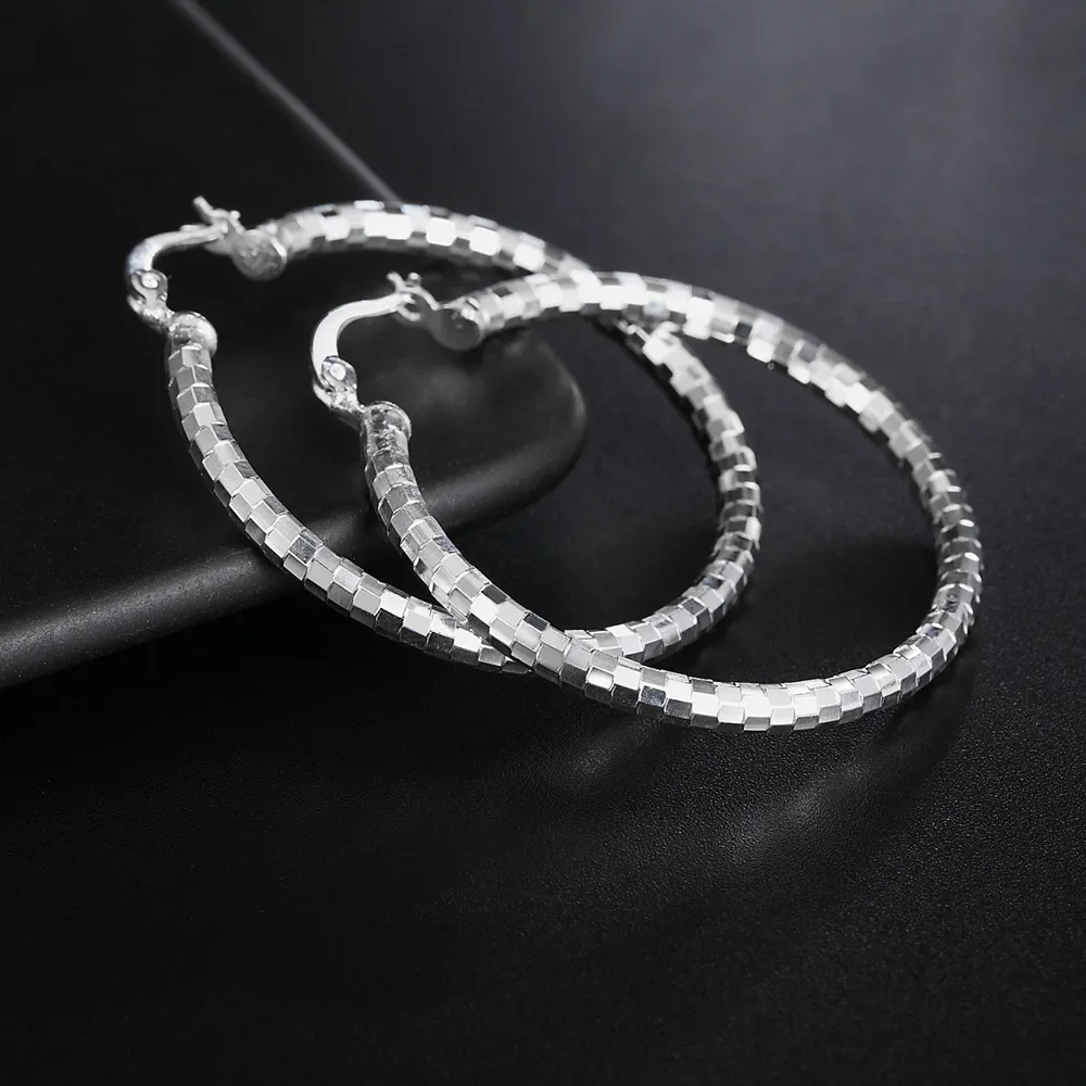 925 Sterling Silver Earrings Elegant Women lady Jewelry romantic Lattice pattern 4CM Big circle  holiday gifts