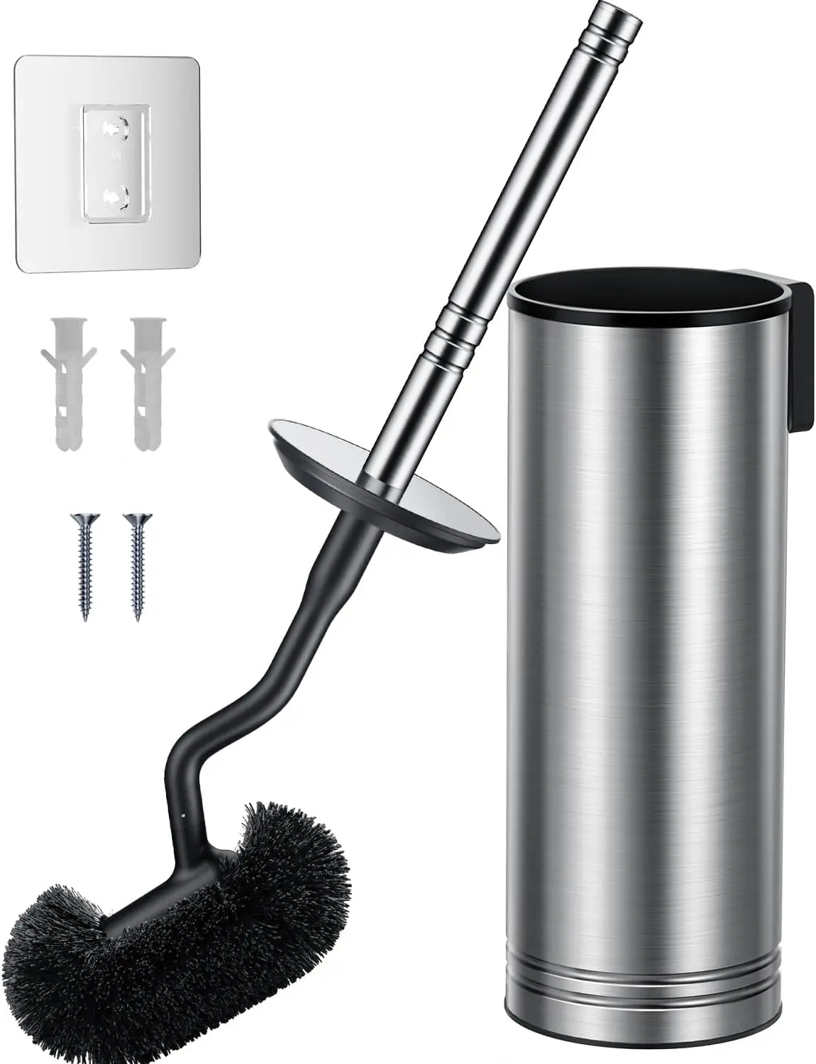 

Toilet Brush and Holder Set: 304 Stainless Steel Heavy Duty Bowl Cleaner Brush - Deep Cleaning Under Rim Curved Bristle - Space