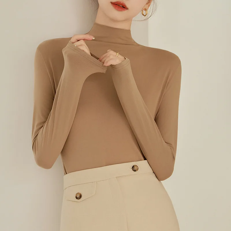 

Осенне-зимний вязаный свитер цвета хаки для женщин. Теплый топ с полувысоким воротником, приталенная рубашка с внутренним слоем снизу.