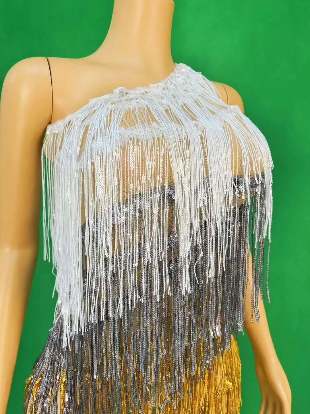 Sexy Sequins Tassel Single Shoulder Dress Fashion Party Birthday Celebrate Fringe Dress Stage Performance Costume Sanseliusu